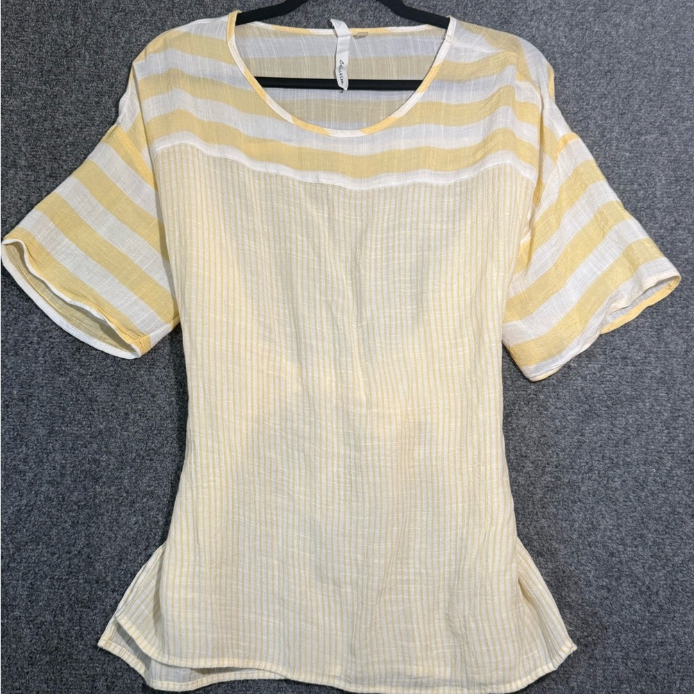 NY Collection Yellow and White Striped Short Sleeve Top